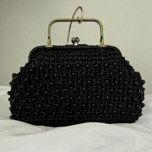 Lewis Japan Black Straw and Beaded Bag Gold Tone Handles and Snap Closure